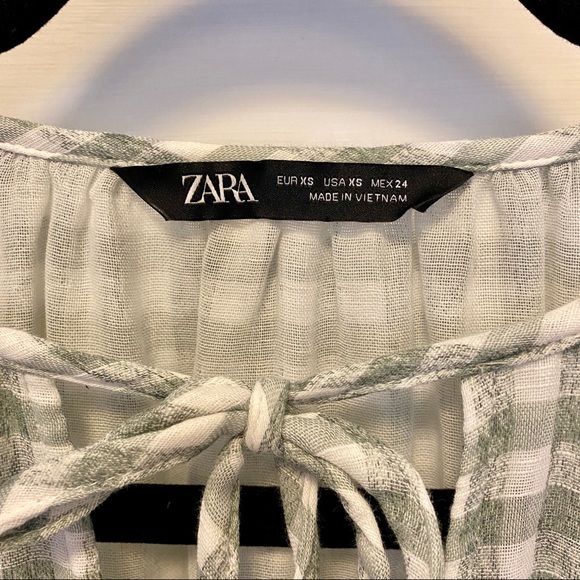 Zara Green Gingham Balloon Sleeve Top XS - Picture 4 of 6
